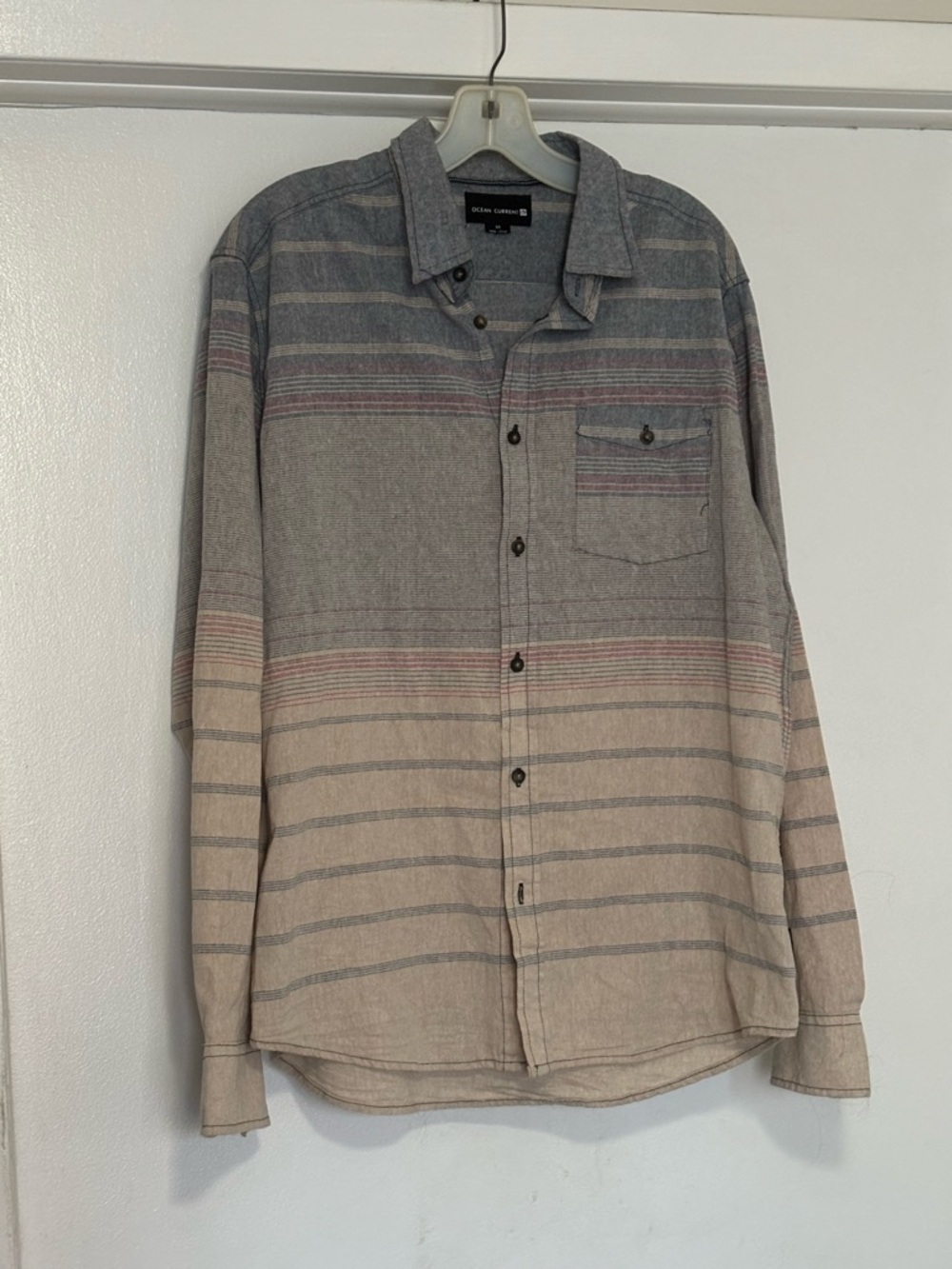Ocean Current Men's Long-Sleeve Striped Button-Up Shirt in light blue and Tan